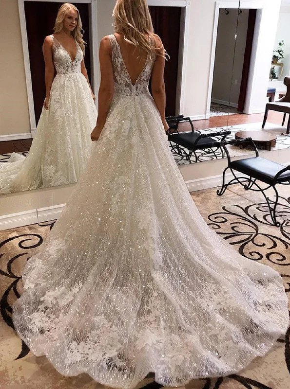 Budget Friendly A-line Deep V-neck Sparkle Wedding Dress With Appliques OW609
