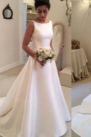 Final Sale A Line Classic Satin Backless Wedding Dress with Bowknot