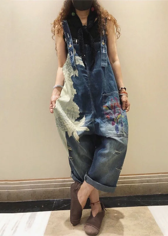 Dreamy Draping Chic Blue Print Pockets High Waist Denim Jumpsuit Sleeveless