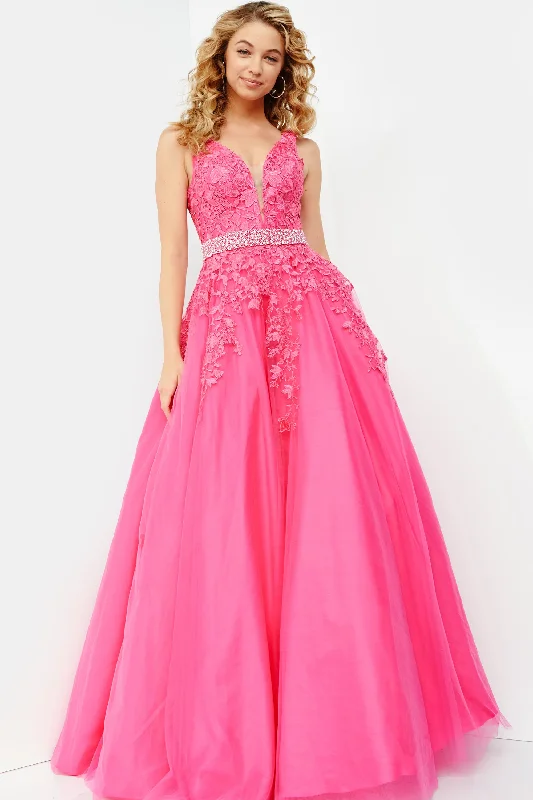 Vibrant Prints Jovani JVN68258 Size 0, 14 Hot Pink Long A Line Lace Prom Ballgown Dress Formal Plunging Neckline Vibrant Prints Jovani JVN68258 Size 0, 14 Hot Pink Long A Line Lace Prom Ballgown Dress Formal Plunging Neckline