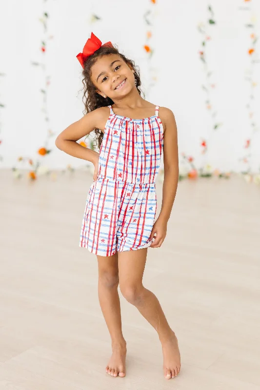 Feminine Elegance Patriotic Plaid Strappy Play Romper