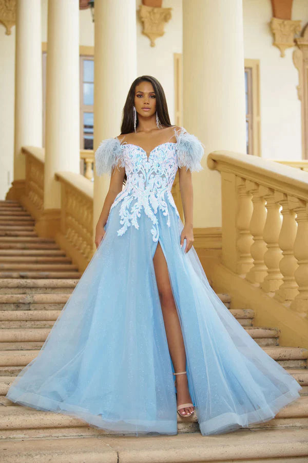 Minimalist Elegant Ava Presley 39213 Size 8 Light Blue A Line off the shoulder Shimmer Feather Prom Dress Slit Sequin Gown Minimalist Elegant Ava Presley 39213 Size 8 Light Blue A Line off the shoulder Shimmer Feather Prom Dress Slit Sequin Gown