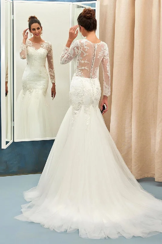 Feminine Flow Ivory Sweep Train Applique Tulle Long Sleeves Wedding Dresses Elegant Bridal Dresses N849 Feminine Flow Ivory Sweep Train Applique Tulle Long Sleeves Wedding Dresses Elegant Bridal Dresses N849