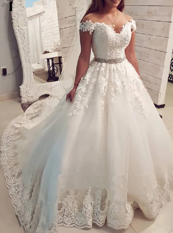Vintage Retro Party Wear Off Shoulder Ball Gown Wedding Dresses V-neck Applique Beading Tulle Bridal Gown OW653