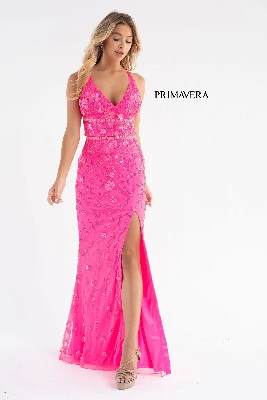 Fashion Forward Style Primavera Couture 3746 Size 00, 6 Neon Pink 3D Flowers Prom Dress Beaded V Neckline Evening Gown Slit Fashion Forward Style Primavera Couture 3746 Size 00, 6 Neon Pink 3D Flowers Prom Dress Beaded V Neckline Evening Gown Slit