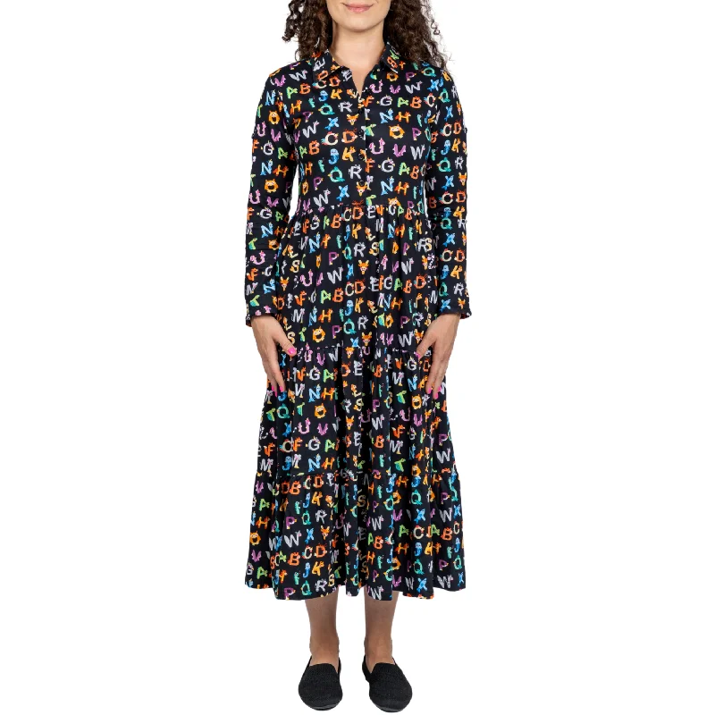 Final Clearance Animal Alphabet Long Sleeve Button-Up Tiered Midi Dress [FINAL SALE]