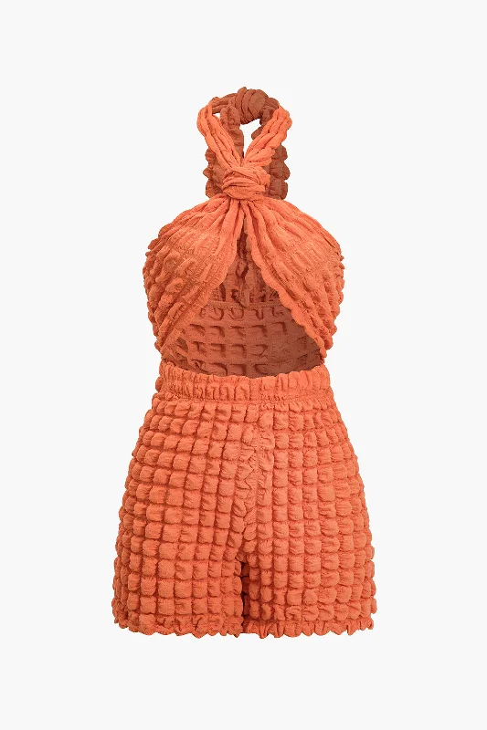Evening Looks Solid Knot Cut Out Grid Texture Romper