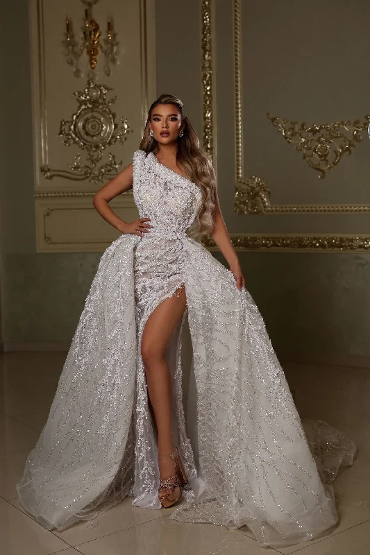 Hot Trends One Shoulder Pearl Embellished Gown with Detachable Overskirt