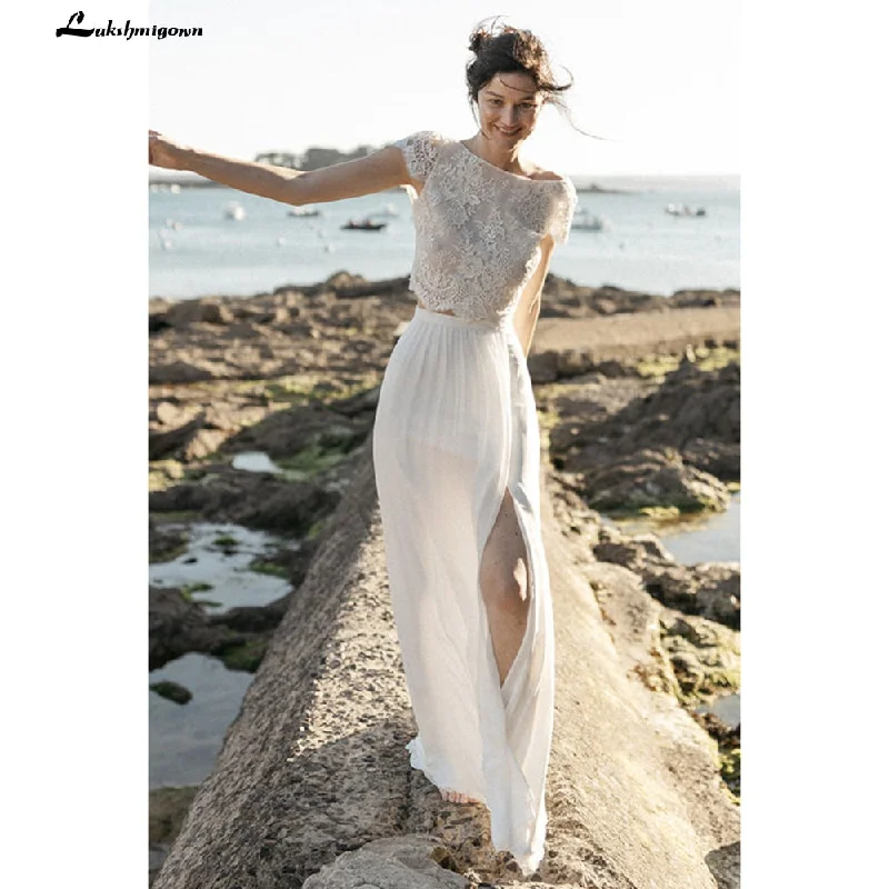 Ethnic Cultural Event Wear Roycebridal 2025Two Pieces High Split Lace Top Chiffon Wedding Dress O Neck Short Sleeve Bridal Gowns robe de soirée de mariage Lakshmigown Ethnic Cultural Event Wear Roycebridal 2025Two Pieces High Split Lace Top Chiffon Wedding Dress O Neck Short Sleeve Bridal Gowns robe de soirée de mariage Lakshmigown