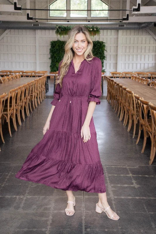 Budget Friendly Fashion Mei Split Neck Maxi Dress, Plum