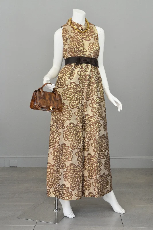 Day-To-Night Styles Vintage 1960s 70s Gold Metallic Mocha Palazzo Jumpsuit