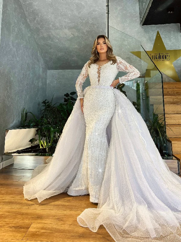 Summer Deals Pearl Embroidered Wedding Dress with Tulle Detachable Overskirt