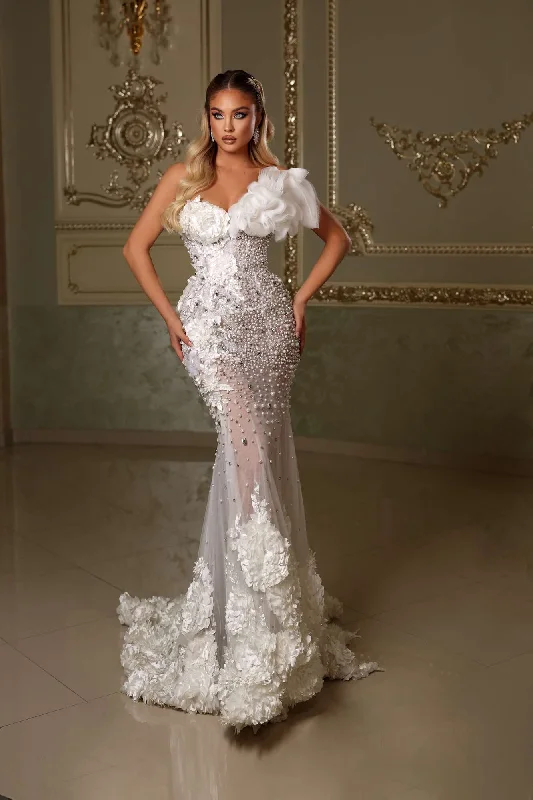 Effortless Sophistication One Shoulder Tulle Detail Pearl Embroidered Dress