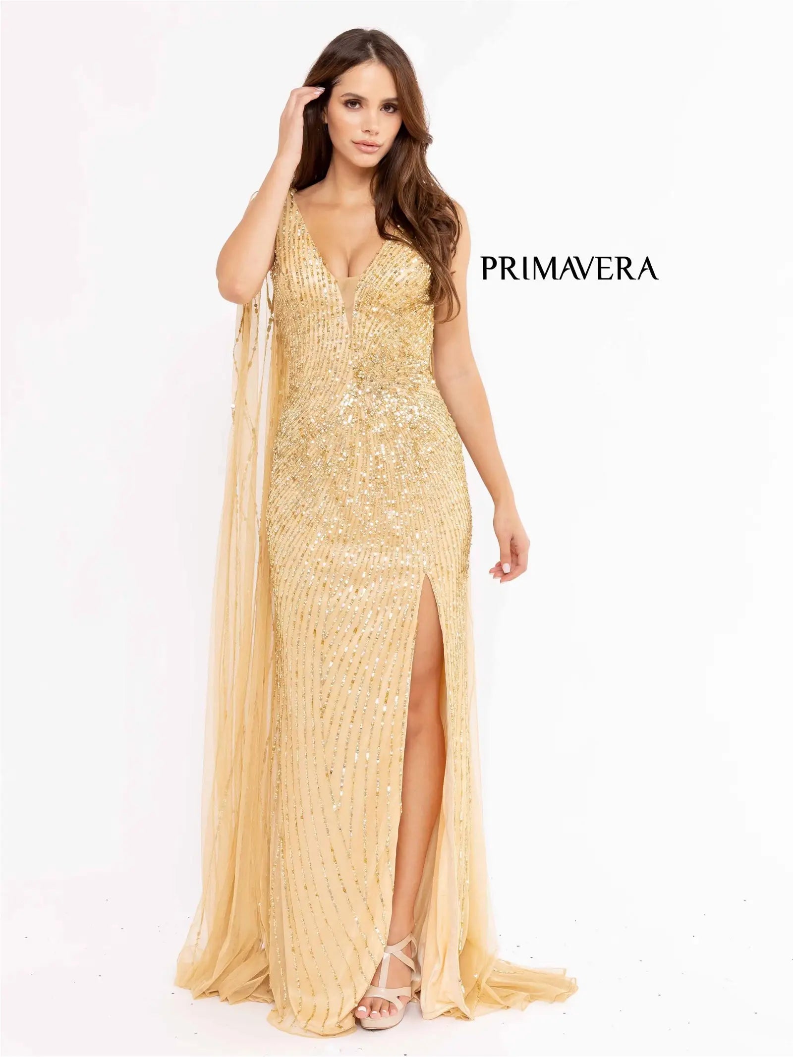 Anniversary Sale Primavera Couture 3971 Size 6 Gold Long Fitted Beaded Sequin Formal Pageant Dress Prom Gown Cape Anniversary Sale Primavera Couture 3971 Size 6 Gold Long Fitted Beaded Sequin Formal Pageant Dress Prom Gown Cape