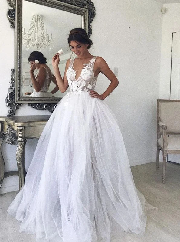 Popular Collection Boho A-line V-neck Tulle Wedding Dresses, Beach Bridal Gown With Appliques OW612 Popular Collection Boho A-line V-neck Tulle Wedding Dresses, Beach Bridal Gown With Appliques OW612