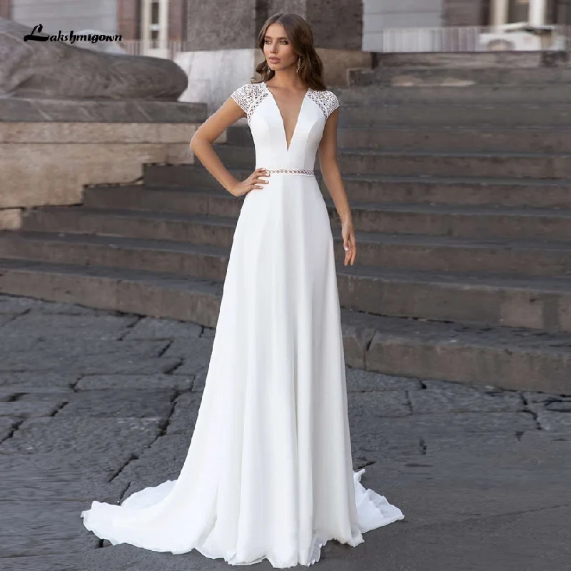 Vintage Inspired Fashion Sale Roycebridal Abiti Donna Modest Bridal A Line Wedding Dress Summer 2021 Simple V-neck Backless Beach Wedding Dresses Long Train Lakshmigown