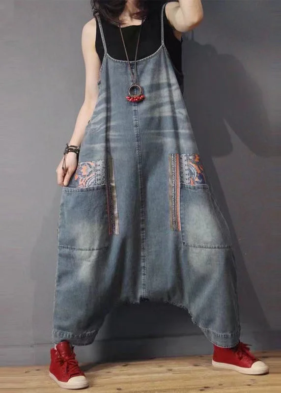 Ethnic Cultural Event Wear French Blue Pockets High Waist Denim Jumpsuit Sleeveless