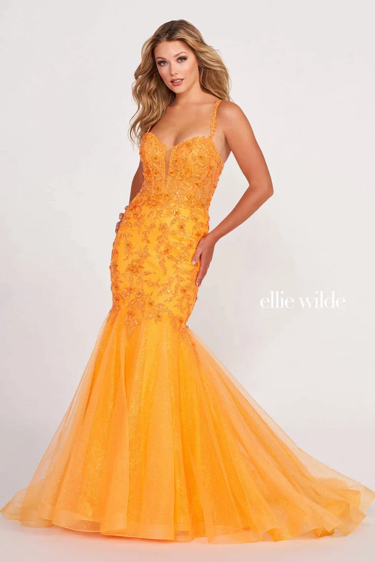 Effortless Grace Ellie Wilde EW34085 Size 8 Orange Long Lace Shimmer Beaded Mermaid Sheer Prom Dress Formal Gown Effortless Grace Ellie Wilde EW34085 Size 8 Orange Long Lace Shimmer Beaded Mermaid Sheer Prom Dress Formal Gown