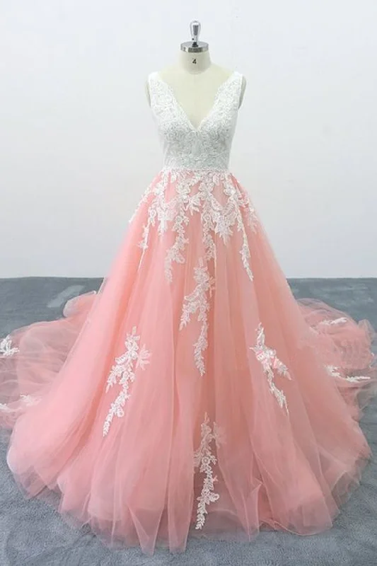 Parisian Effortless Chic Style Peach Pink Tulle Cathedral Train Lace Wedding Dress, Formal Halter Prom Dress cg2222 Parisian Effortless Chic Style Peach Pink Tulle Cathedral Train Lace Wedding Dress, Formal Halter Prom Dress cg2222