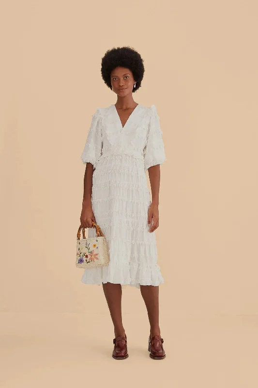 Trendy Clothing Sale Ruffles Tassels Midi Dress Off White