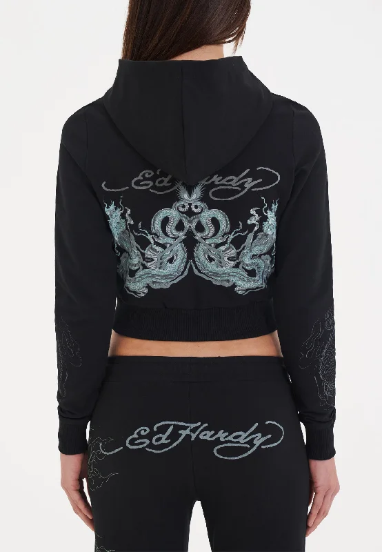 Luxury Style Womens Twisted Dragon Graphic Cropped Zip Thru Hoodie - Black