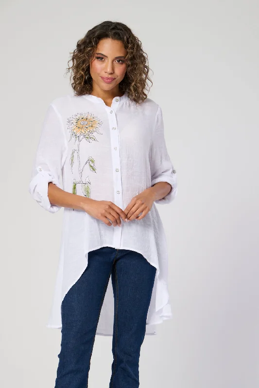 Classic Women's Fashion Saloos Dip Back Shirt with Floral Motif
