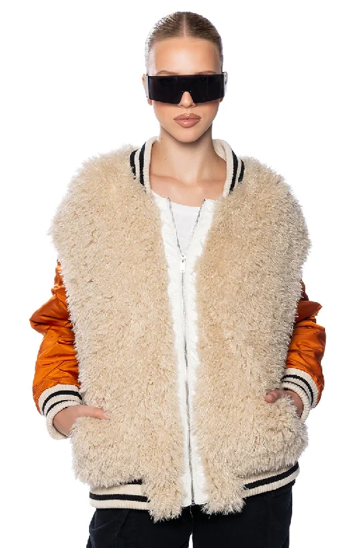 Chic Style FUR BODICE NYLON VARSITY BOMBER