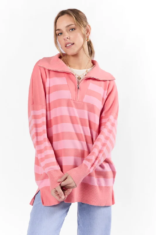 Stylish Statements Pulling Heartstrings Coral Multi Stripe Quarter Zip Pullover