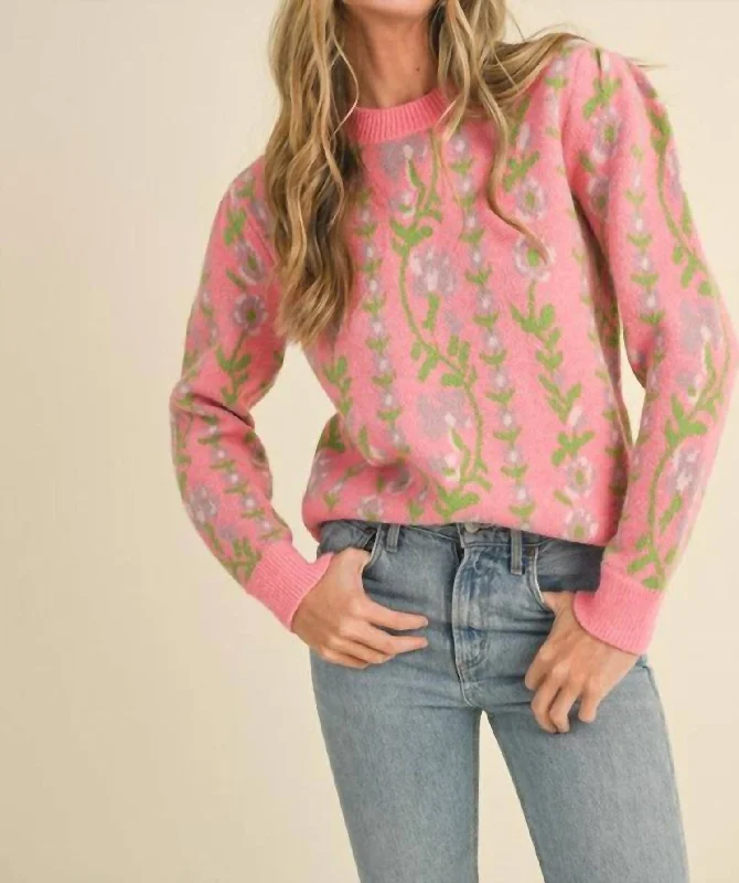Comfort Meets Fashion Floral Knit Pattern Sweater In Pink