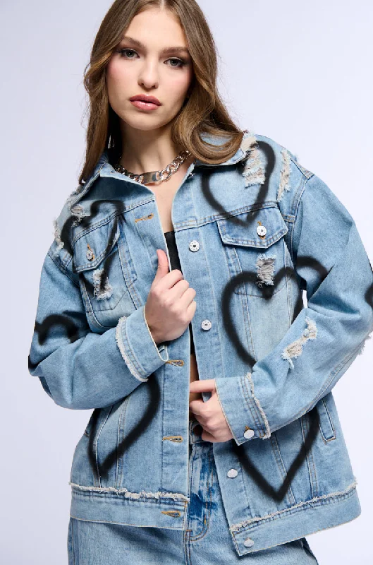 Quality Wear SPRAY PAINTED HEART OVERSIZED DENIM JACKET