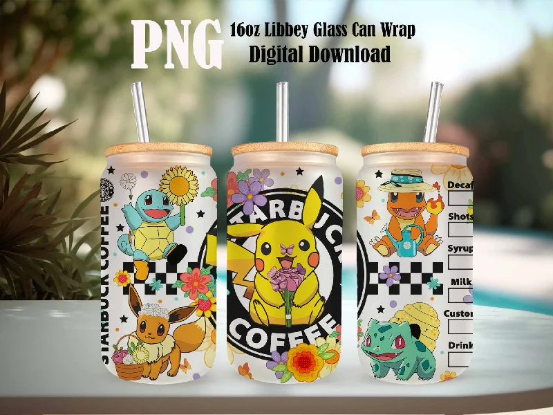 Premium Glassware Discounts Cartoon Pokemon Tumbler PNG, 16oz Libbey Glass Can, Can Glass Wrap,Anime Cartoon Sublimation,Digital Game Tumbler, Kids Movie Tumbler