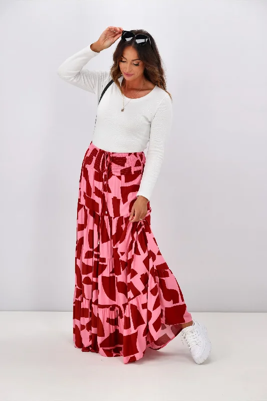 Limited Time Offer New U Collection Pink Geo Print Maxi Skirt
