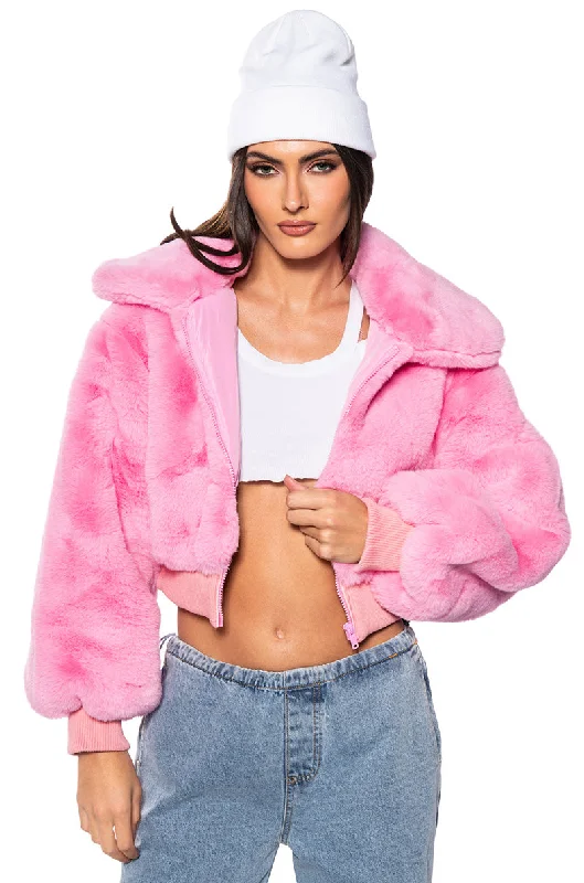 Fashion Forward DREW FAUX FUR BOMBER WITH RIB TRIM