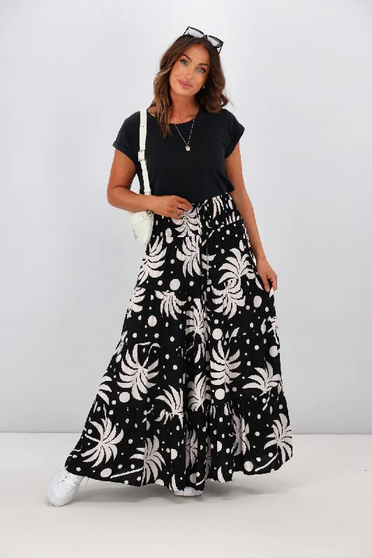 End Of Season Sale New U Collection Black Palm Tree Maxi Skirt