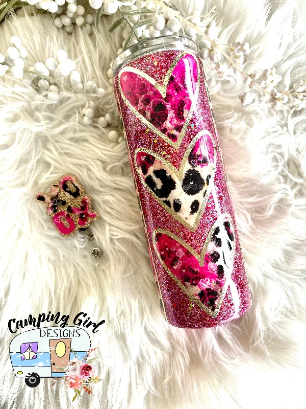 Festive Drinkware Deals READY TO SHIP Leopard Heart 20 oz tumbler with matching badge reel Festive Drinkware Deals READY TO SHIP Leopard Heart 20 oz tumbler with matching badge reel