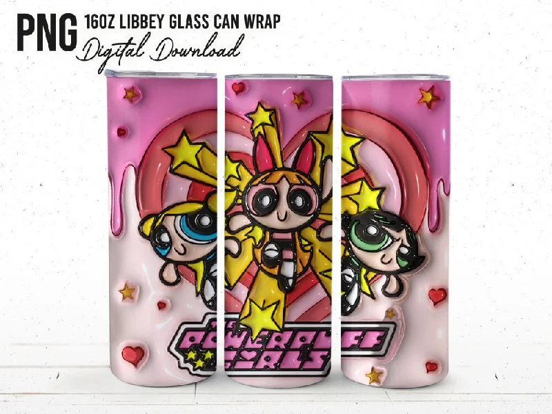 Drinkware Gift Ideas 3D Inflated Girls Power Png Tumbler Wrap, 80s Cartoon Tumbler Wrap, Inflate Aesthetic 20oz skinny tumbler, Power Girls rainbow Wrap