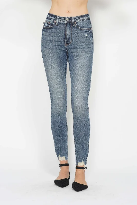 High End Designer Brands Discount Judy Blue Full Size Tummy Control Vintage Wash Hem Destroy Skinny Jeans
