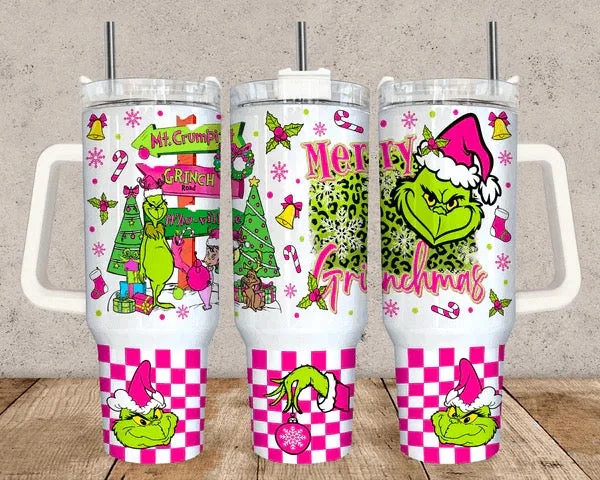 Ride The Style Wave Merry Grinchmas Checkered 40 oz Christmas Tumbler with handle