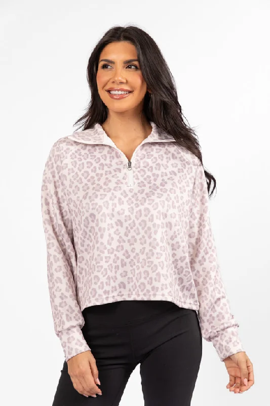 Chic Trend Collection Change Of Heart Leopard Print Scuba Quarter Zip Pullover SALE