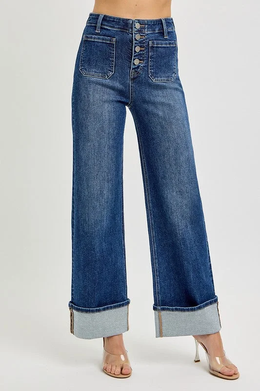 Fashion Forward Risen High Rise Ankle Wide Cuffed Button Fly Jeans