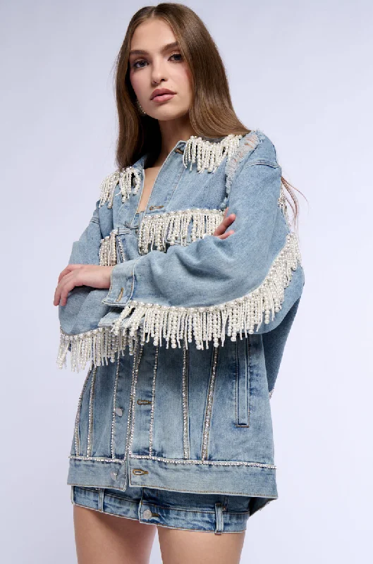 Chic Trends For The Fashion Savvy SHOW STOPPER PEARL EMBELLISHED DENIM JACKET