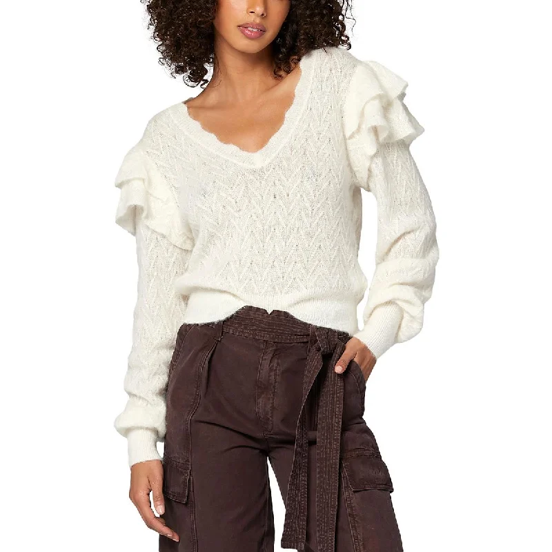 Flash Sale Womens Ruffled V-Neck Pullover Sweater