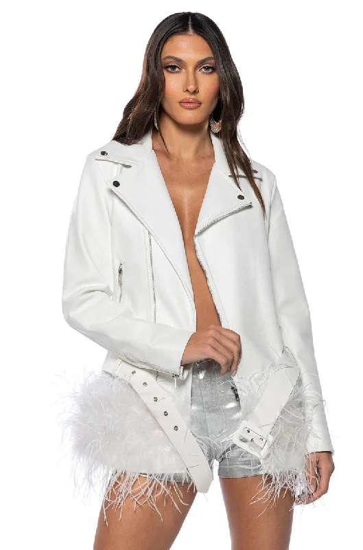 Dreamy Draping COZY CORNER OVERSIZED MOTO WITH FEATHER TRIM