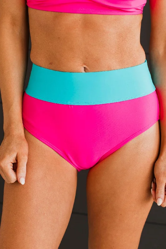 Season Sale Ray Of Sunshine Swim Bottoms- Bright Pink & Blue
