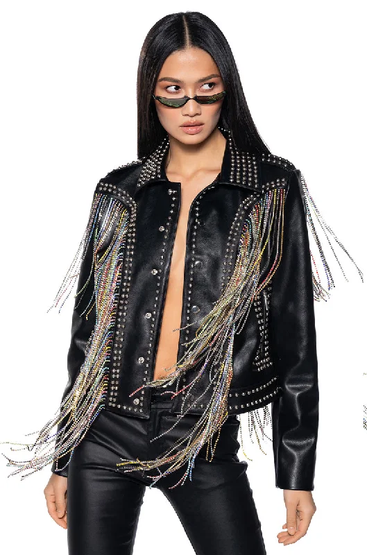 Effortless Comfort TAKE A CHANCE ON ME RHINESTONE FRINGE MOTO
