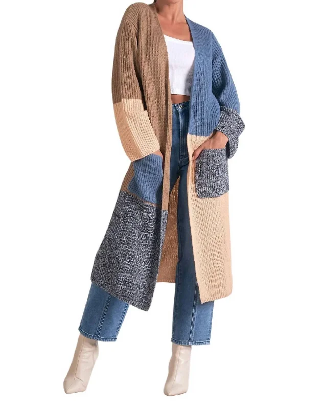 Special Occasion Wear Long Colorblock Duster Sweater With Pockets In Blue Color Block