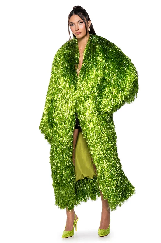 Style Redefined I'M SO FANCY TINSEL METALLIC SHAKET TRENCH IN GREEN