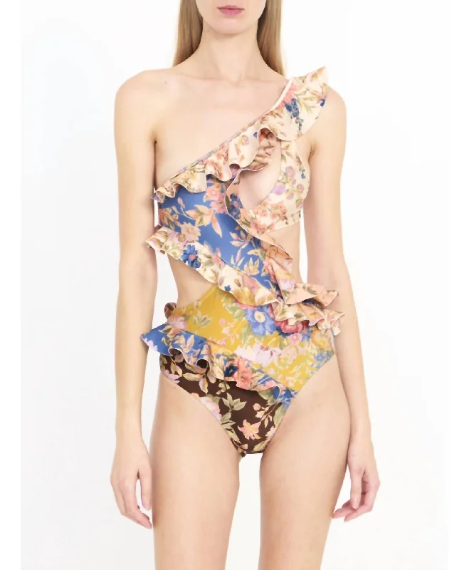 Coastal Beach - Inspired Style August Asymmetric Frill Swimsuit In Spliced