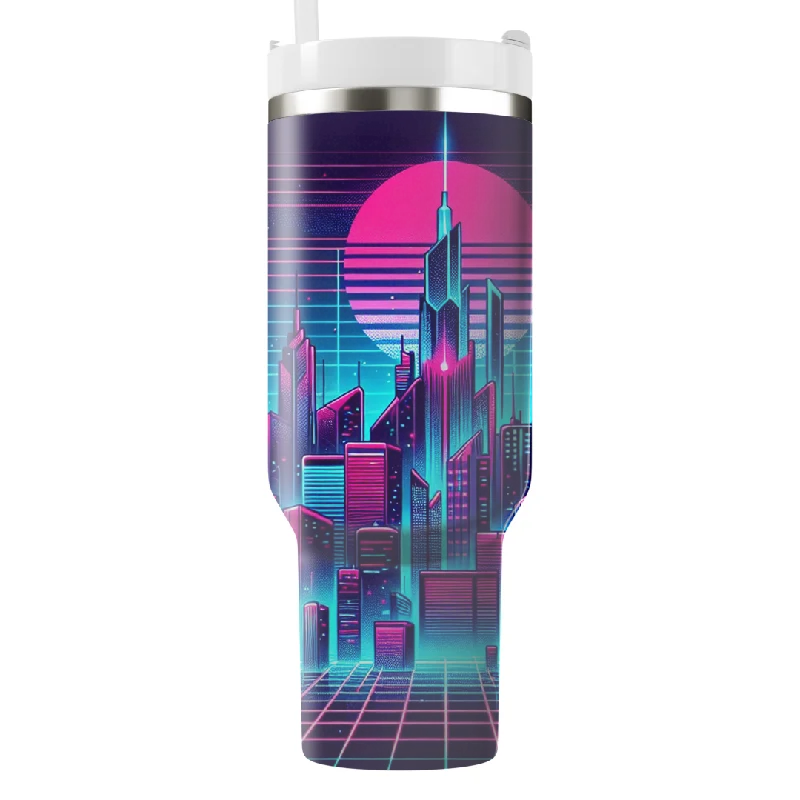 Insulated Drinkware Sale Retro Synthwave Skyline Tumbler With Handle