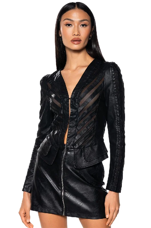 Score Big On Glamorous Red - Carpet Styles COME A LITTLE CLOSER MESH PLEATHER JACKET
